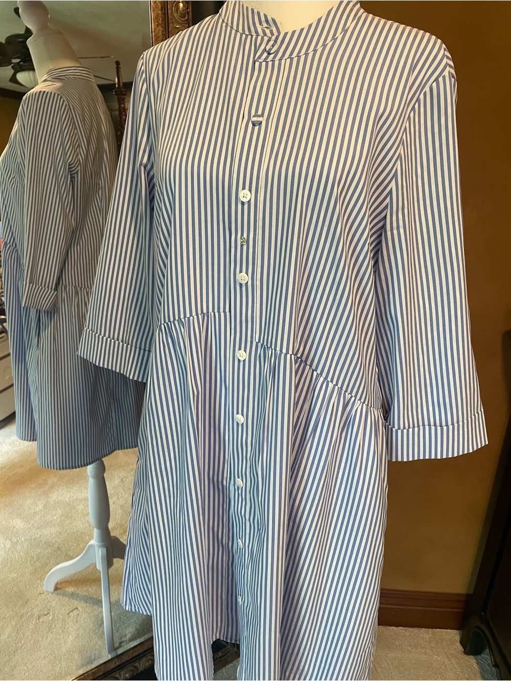 Tuckernuk Blue and White Striped Button-Front Shirt Dress
